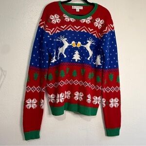 Jolly Sweaters Men’s crew neck w/festive beer drinking reindeer. Sz L.
